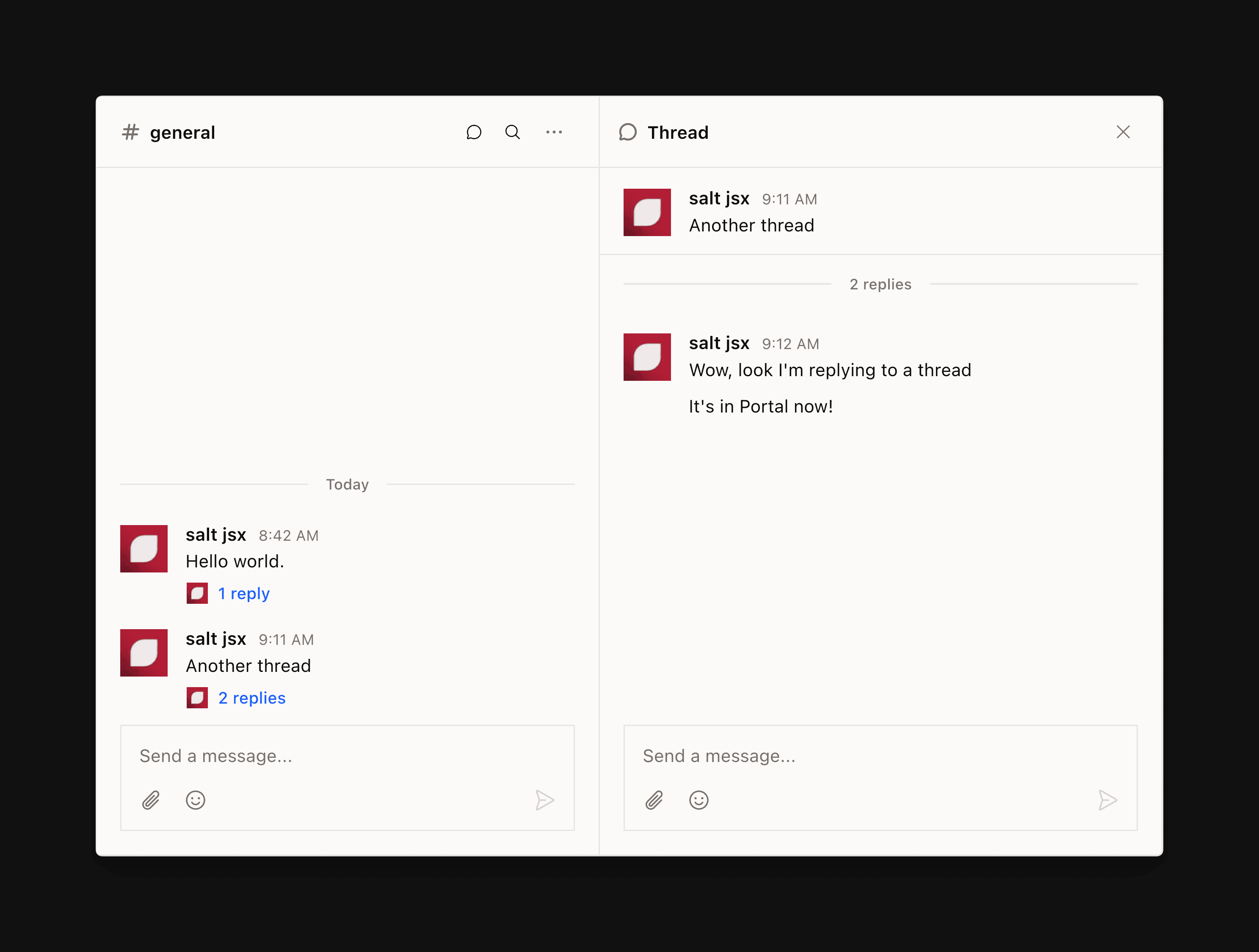 Thread panel open beside main chat — showing a focused conversation branching off a message